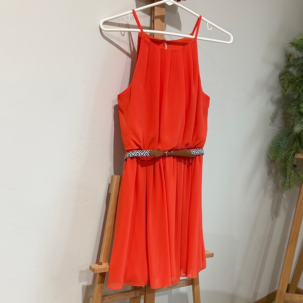 Iz Byer Vibrant Orange-Red Dress with belt